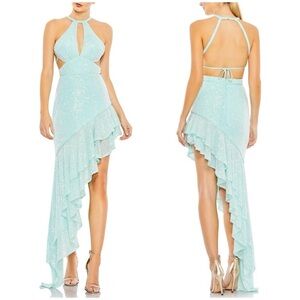NWT Ieena Mac Duggal Aqua Blue Sequin Cut Out Ruffle Asymmetric Dress 11274 Sz 8